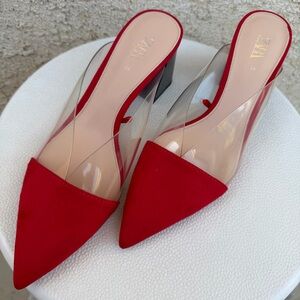Zara Red and Clear Pointed Toe Heels
